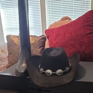 GENTLY USED Black Cowboy Hat with Turquoise Accents